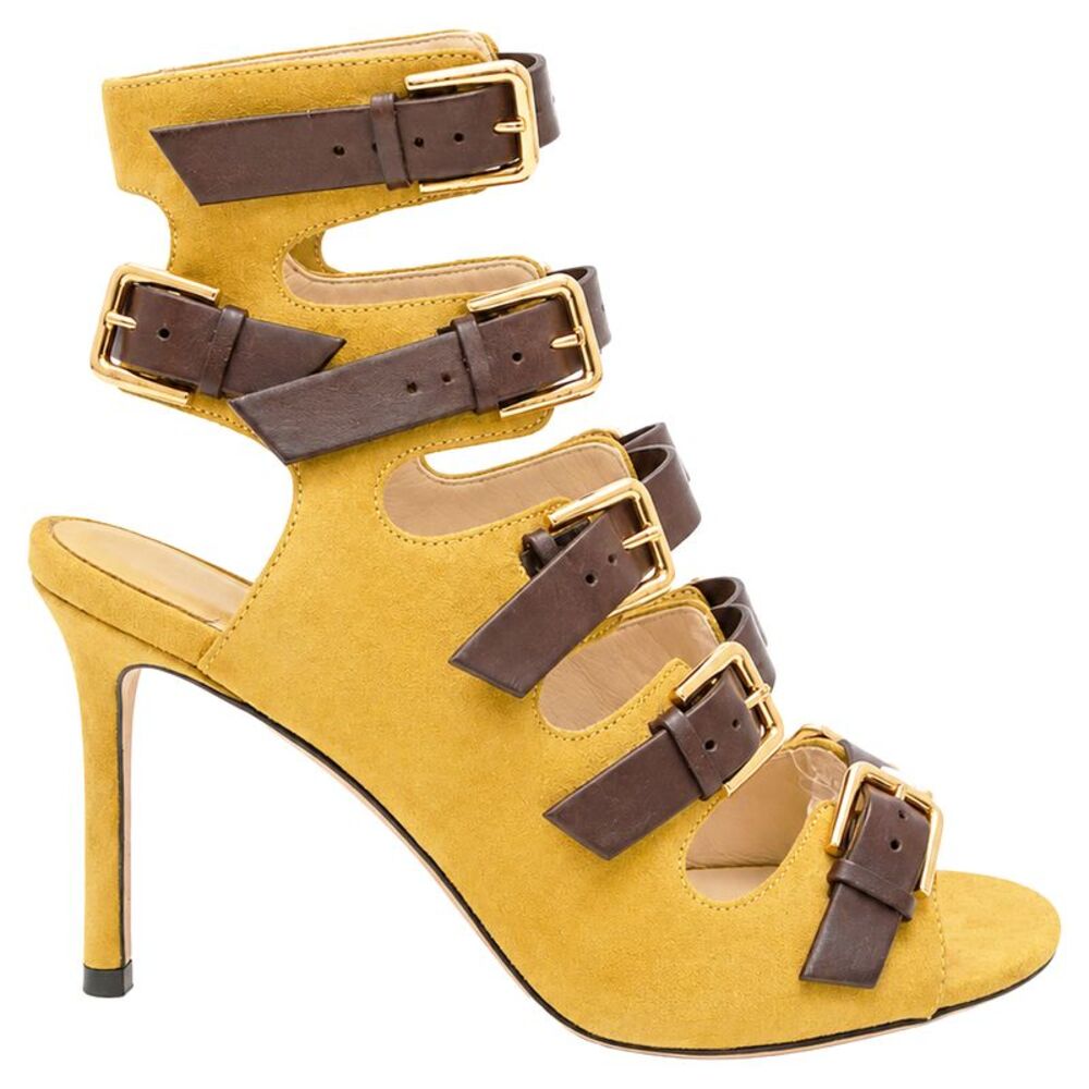 Jimmy Choo Trick 110 Buckled Sandal Heels in Yellow Suede